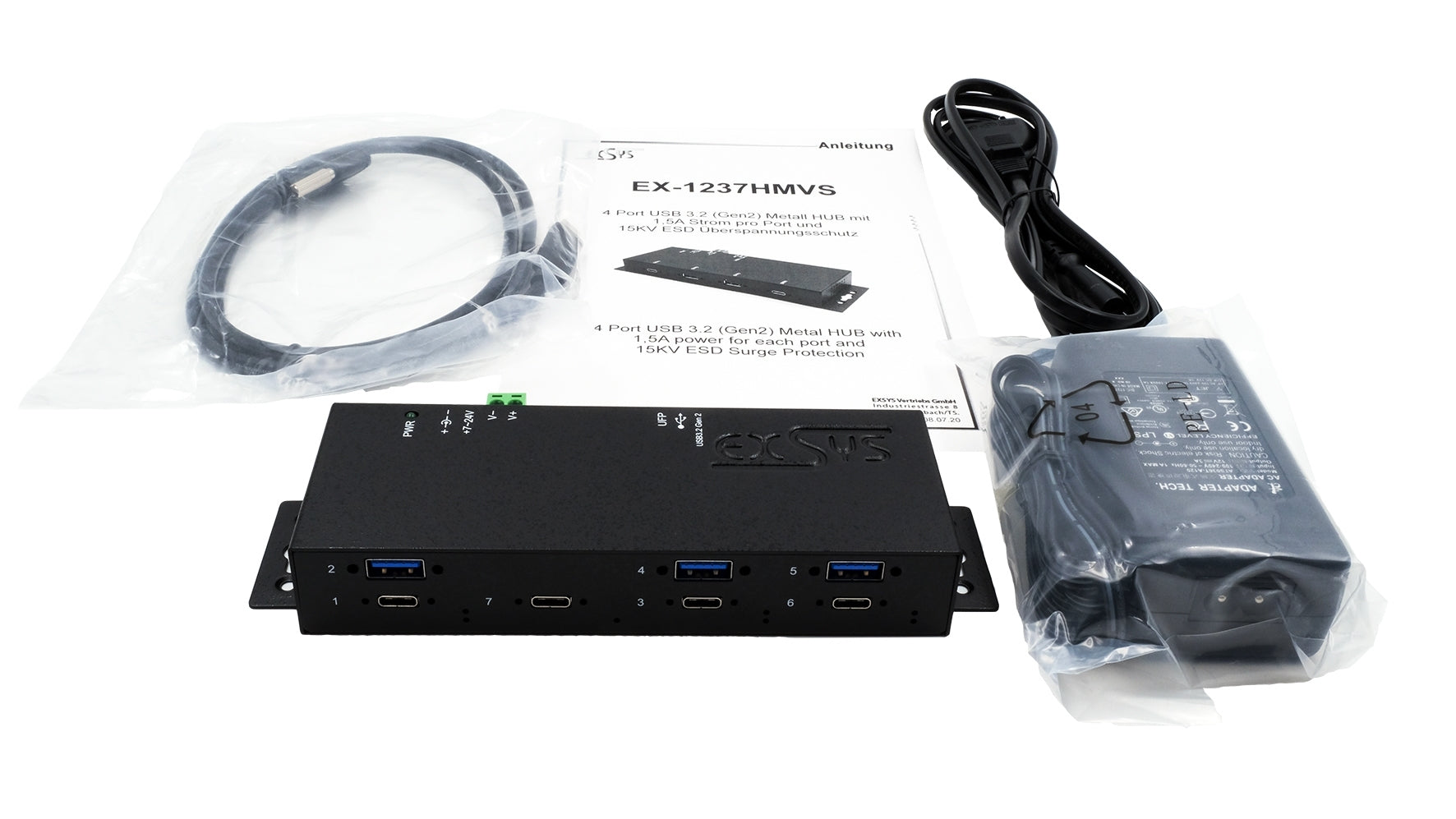 EXSYS EX-1237HMVS USB-Hub – 4× USB-C (10 Gbit/s), 3× USB-A