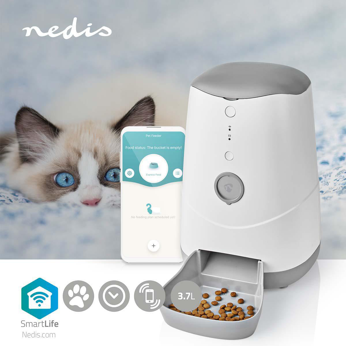Nedis SmartLife – Zubehör – Futterspender, WLAN, 3,7 l – für Hunde und Katzen, Weiss/Grau