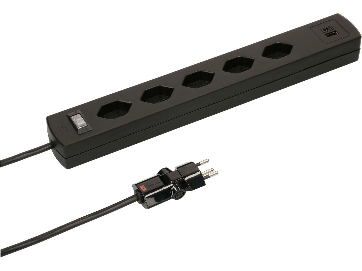 Max Hauri AG Max Hauri SAFETY-LINE Steckdosenleiste, 5×T13, 1×USB‑A + 1×USB‑C, mit Schalter, 2 m, Eingang T12 – Schwarz