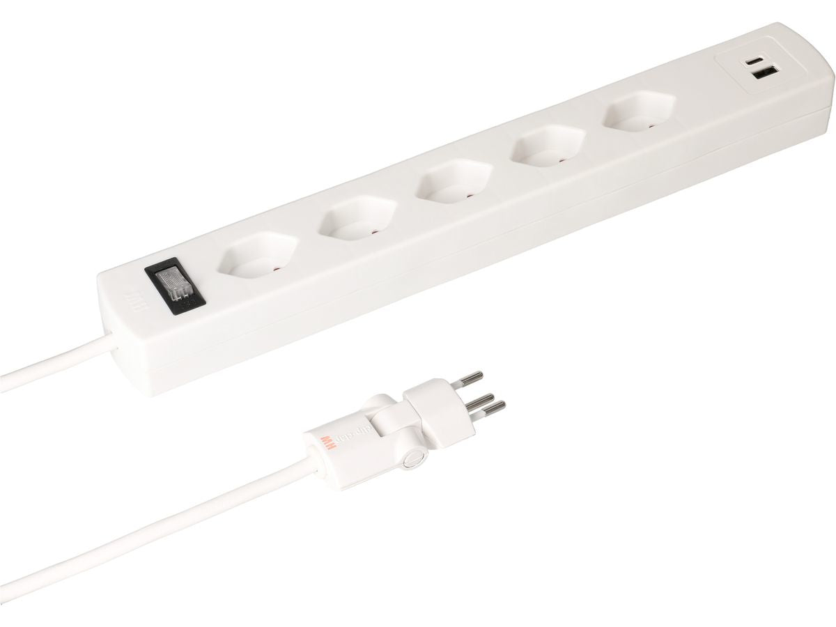Max Hauri AG Max Hauri SAFETY-LINE Steckdosenleiste, 5×T13, 1×USB‑A + 1×USB‑C, mit Schalter, 2 m, Überstromschutz – Weiss