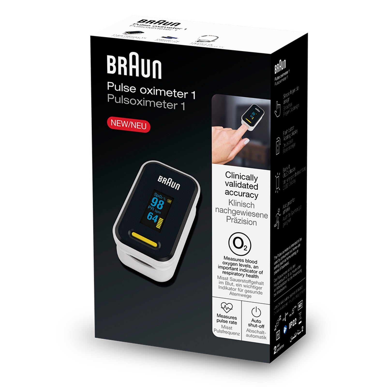 Braun Pulsoximeter YK-81CEU – batteriebetrieben, OLED-Display – 2× AAA – schwarz – Edelstahl