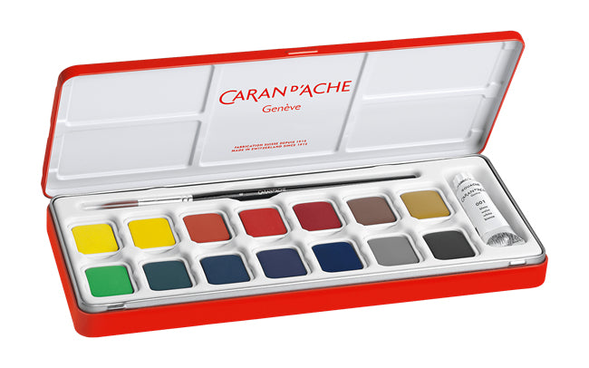 Caran d-Ache Caran d'Ache – Studio – Gouache – Set – 14 Farben, inklusive Deckweiss, mit Pinsel