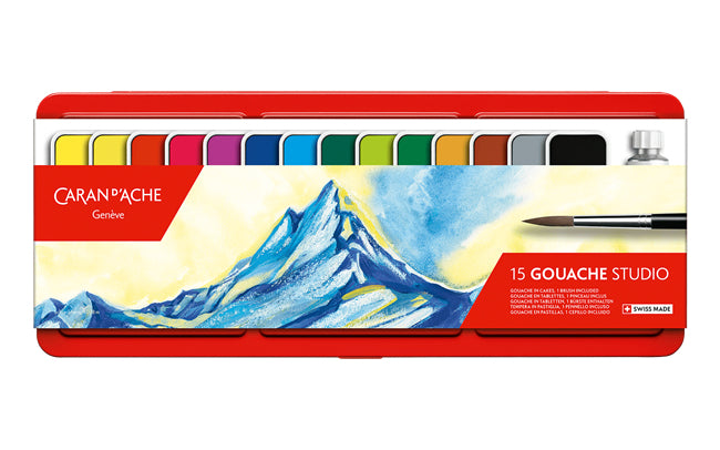 Caran d-Ache Caran d'Ache – Studio – Gouache – Set – 14 Farben, inklusive Deckweiss, mit Pinsel