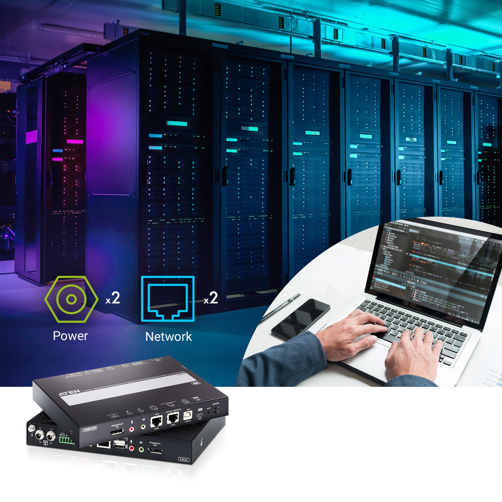ATEN CN9950 – KVM-Switch, DisplayPort/USB 2.0/RJ-45/3,5 mm Audio, 4K DCI (4096 × 2160), KVM über IP