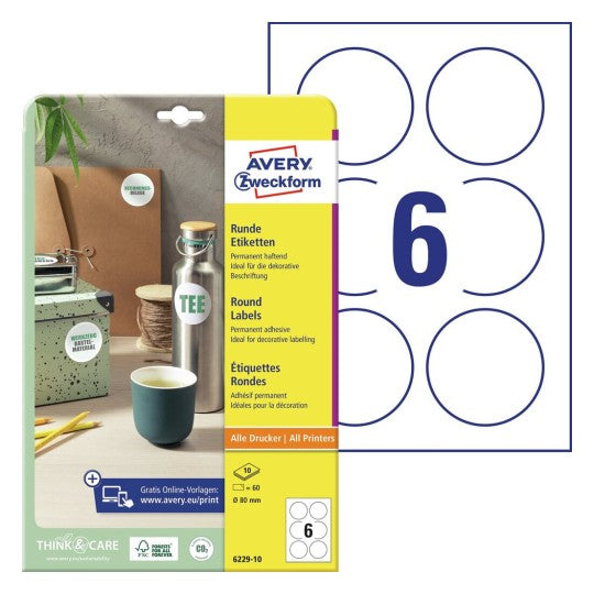 Avery Druckeretiketten, Ø 80 mm, weiss, Papier, permanent, 60 Etiketten (10 Blatt)