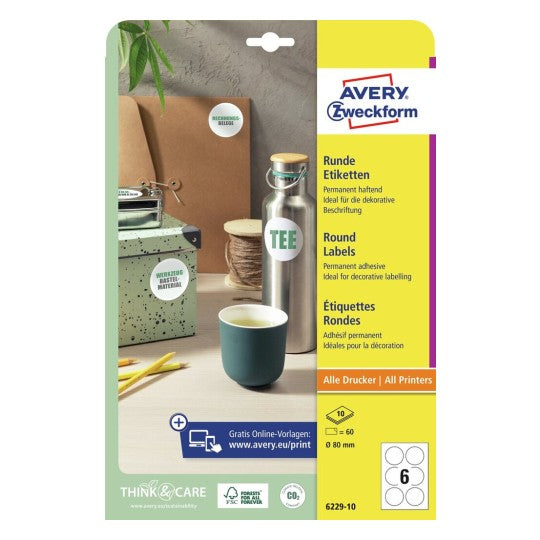Avery Druckeretiketten, Ø 80 mm, weiss, Papier, permanent, 60 Etiketten (10 Blatt)
