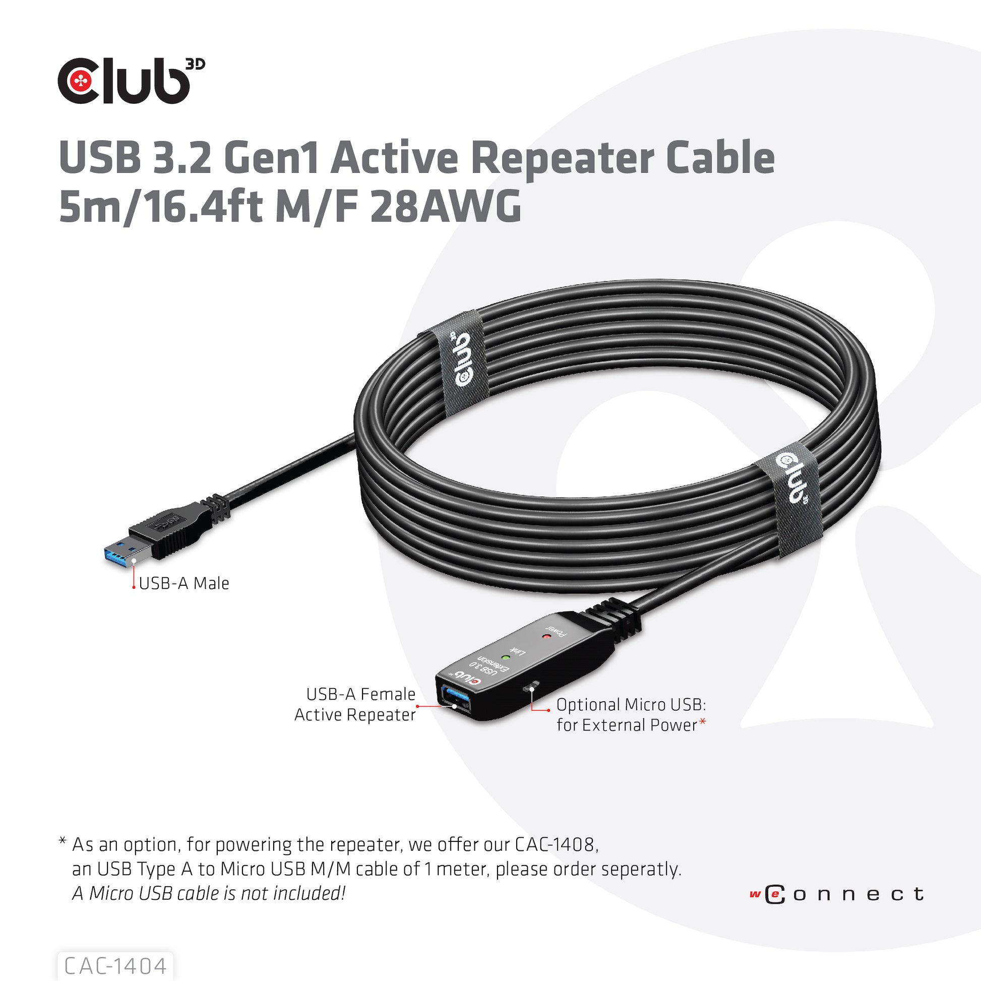 CLUB3D Club 3D – USB-A Verlängerungskabel (Stecker auf Buchse) – USB 3.2 Gen 1 (5 Gbit/s) – 5 m – Aktiv – Schwarz