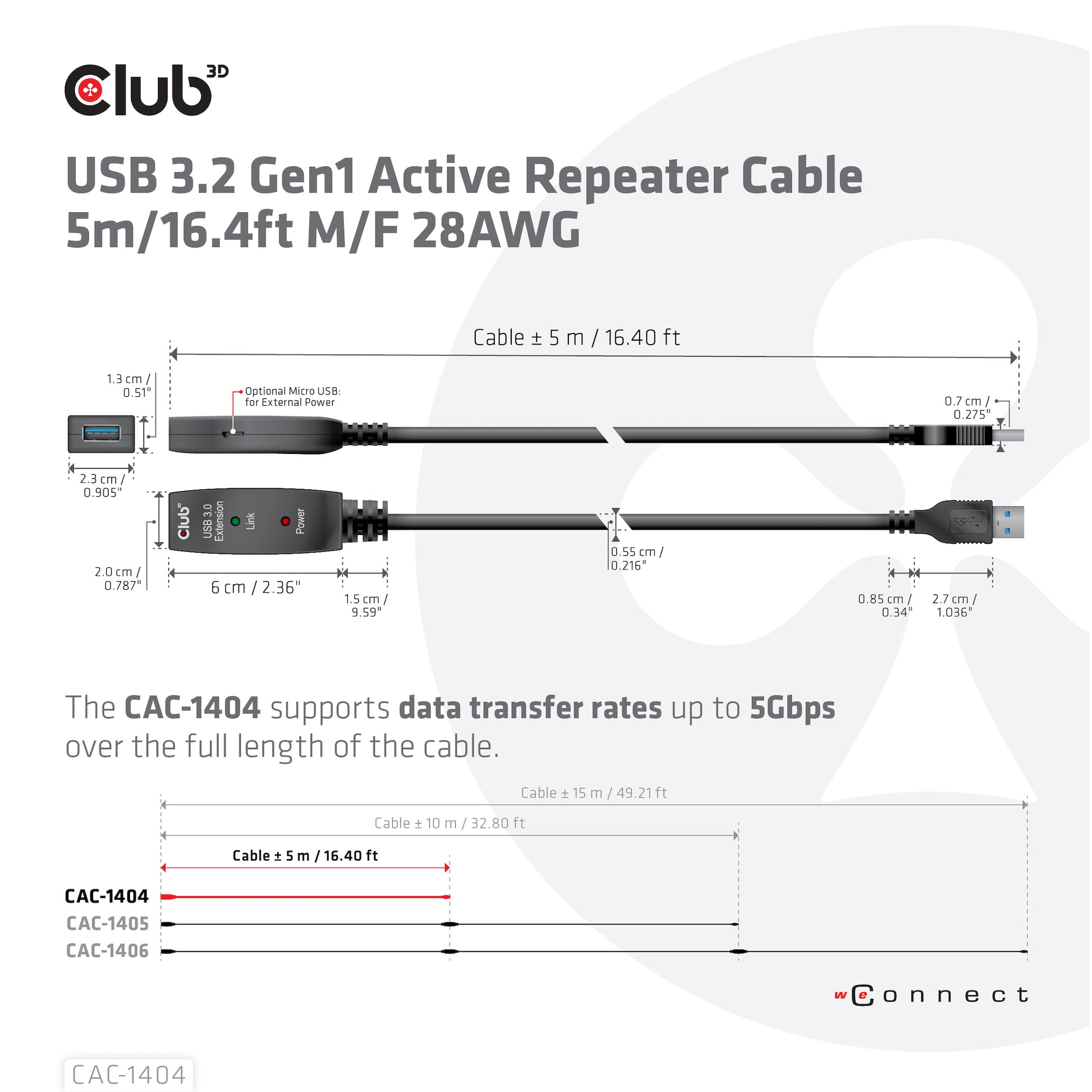 CLUB3D Club 3D – USB-A Verlängerungskabel (Stecker auf Buchse) – USB 3.2 Gen 1 (5 Gbit/s) – 5 m – Aktiv – Schwarz