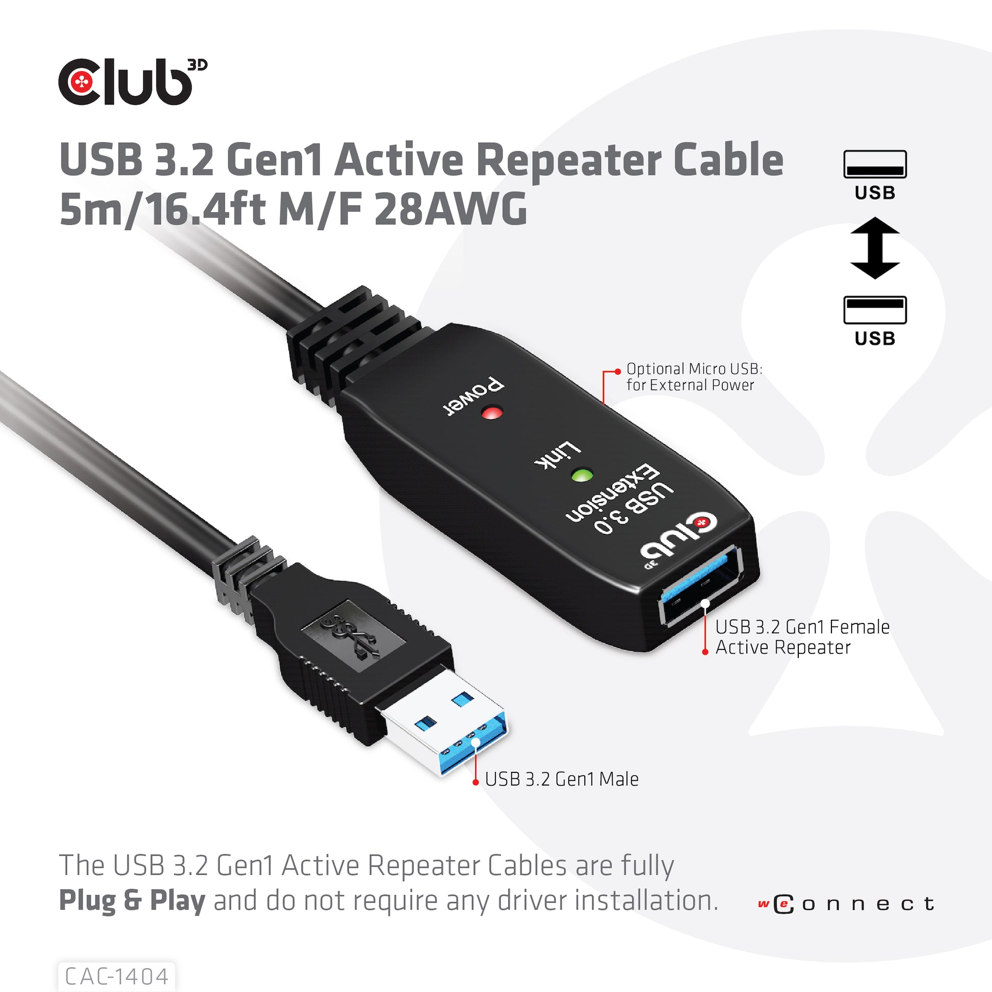 CLUB3D Club 3D – USB-A Verlängerungskabel (Stecker auf Buchse) – USB 3.2 Gen 1 (5 Gbit/s) – 5 m – Aktiv – Schwarz