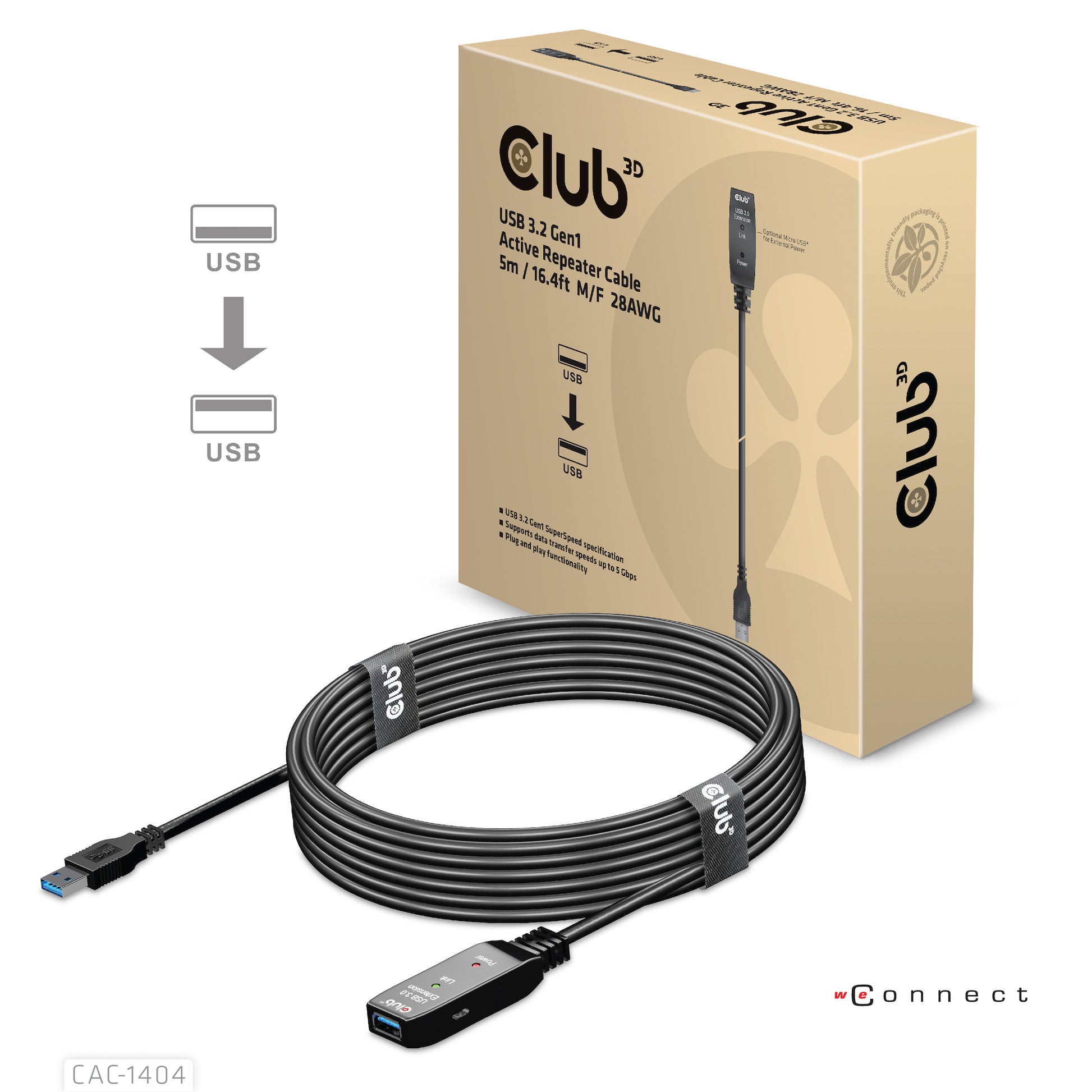CLUB3D Club 3D – USB-A Verlängerungskabel (Stecker auf Buchse) – USB 3.2 Gen 1 (5 Gbit/s) – 5 m – Aktiv – Schwarz