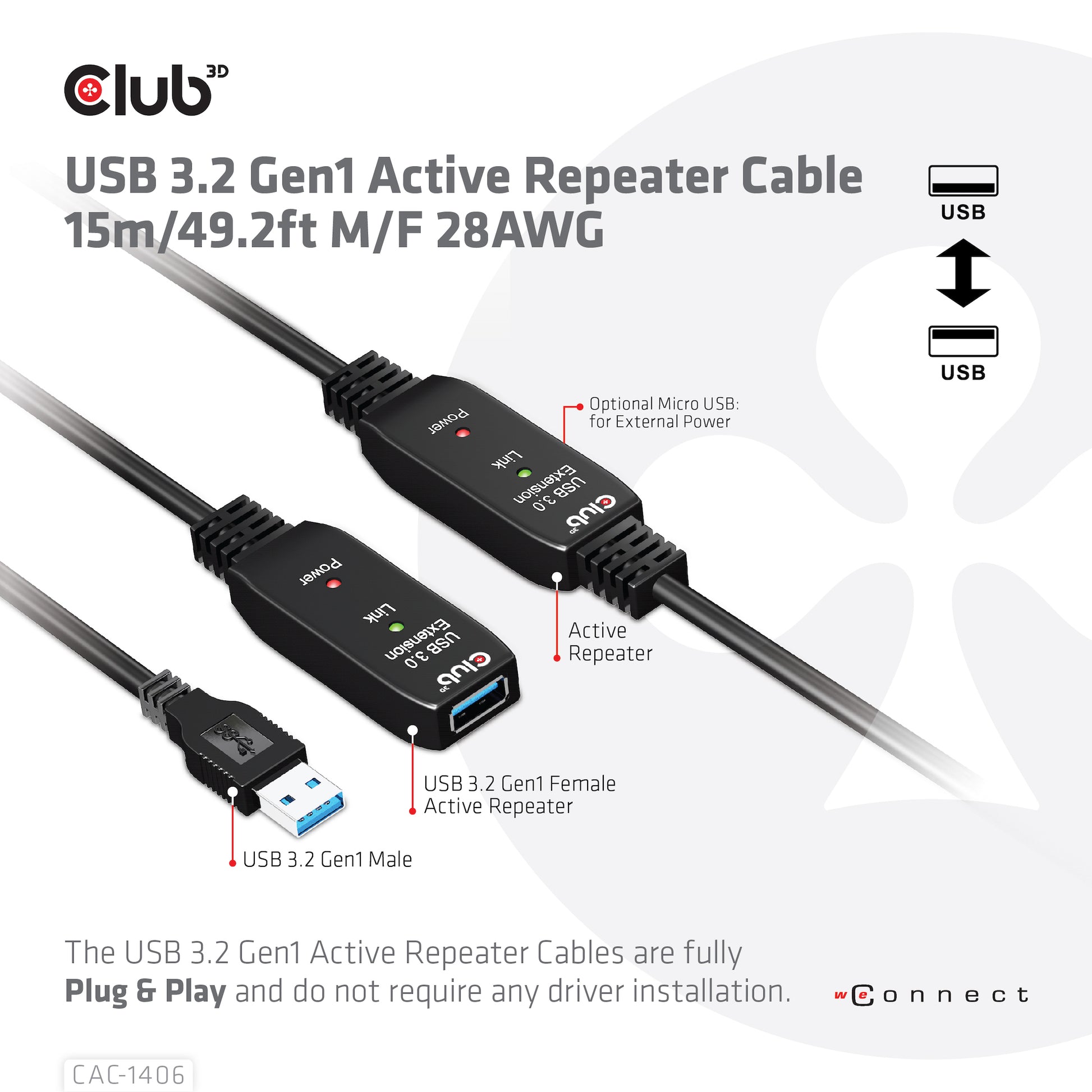 CLUB3D Club 3D – USB-Kabel, USB-A zu USB-A, 15 m, USB 3