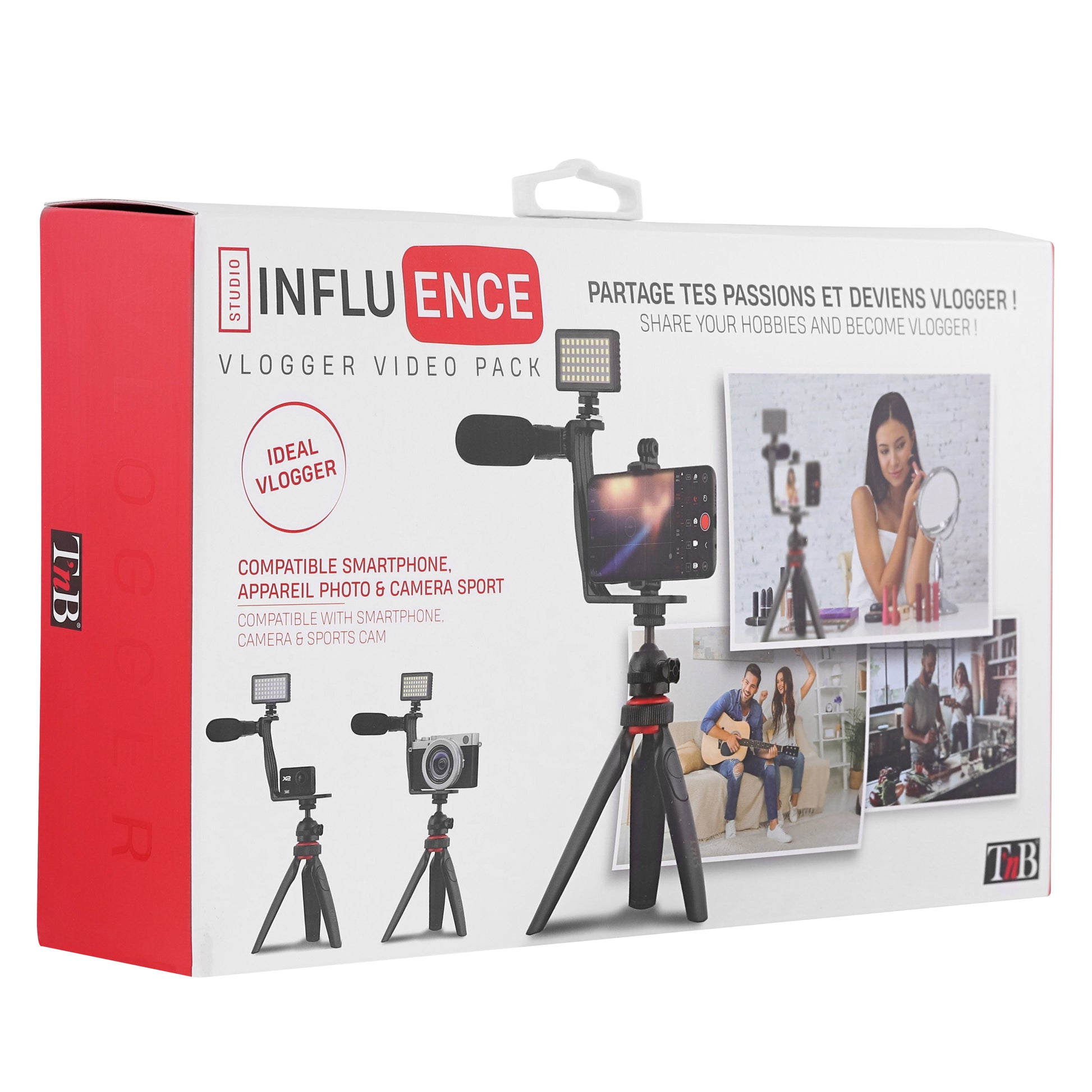 T'nB Influence Vlogging-Kit – LED-Licht 50 LEDs, Mini-Stativ, Kabelmikrofon – für Smartphone, Kamera – Schwarz