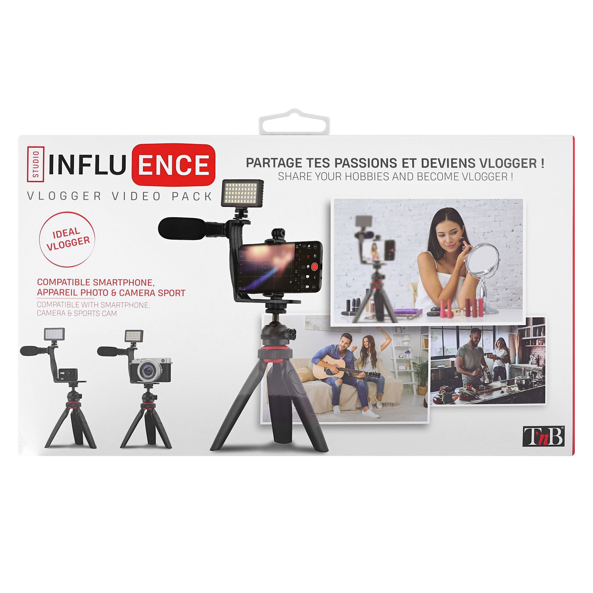 T'nB Influence Vlogging-Kit – LED-Licht 50 LEDs, Mini-Stativ, Kabelmikrofon – für Smartphone, Kamera – Schwarz