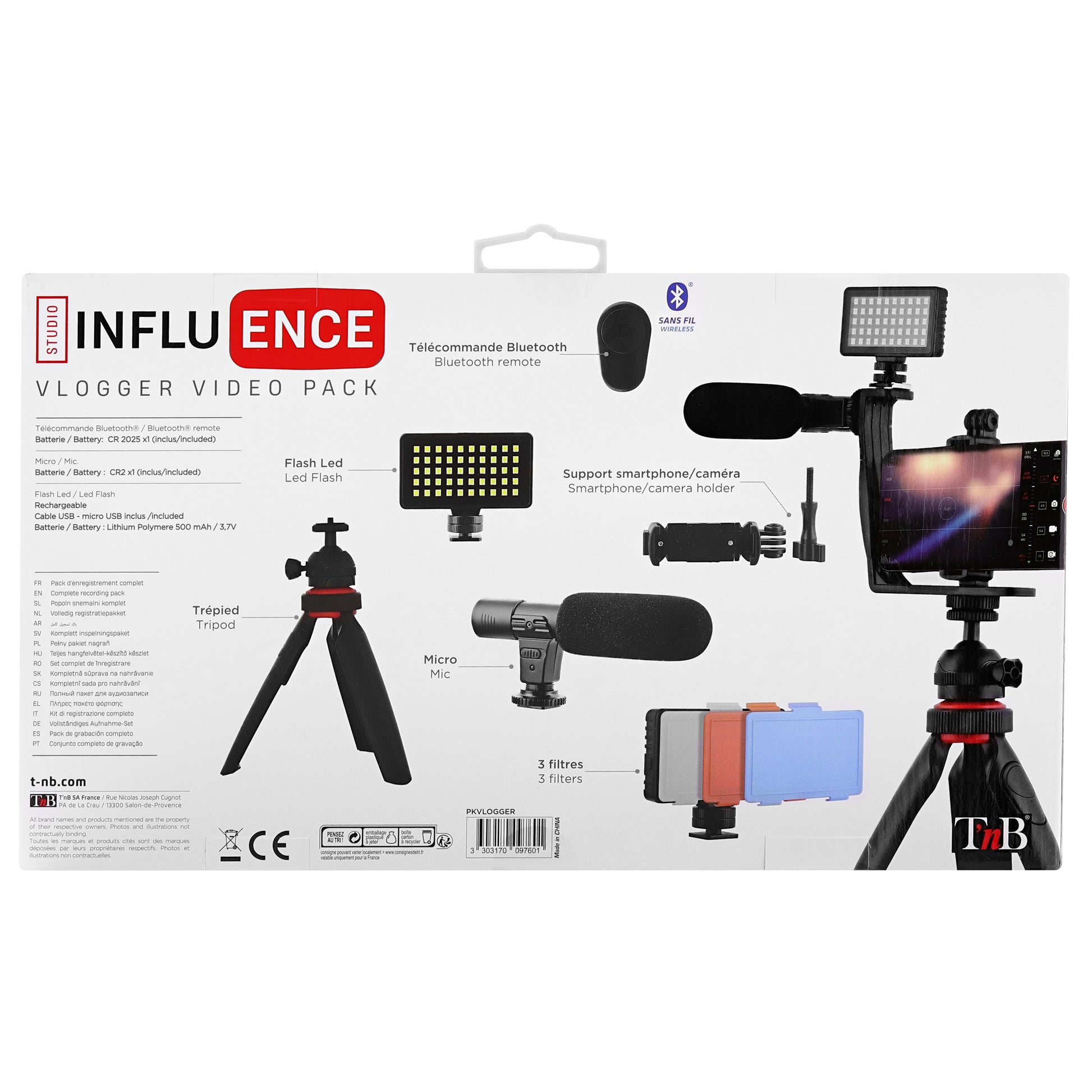 T'nB Influence Vlogging-Kit – LED-Licht 50 LEDs, Mini-Stativ, Kabelmikrofon – für Smartphone, Kamera – Schwarz
