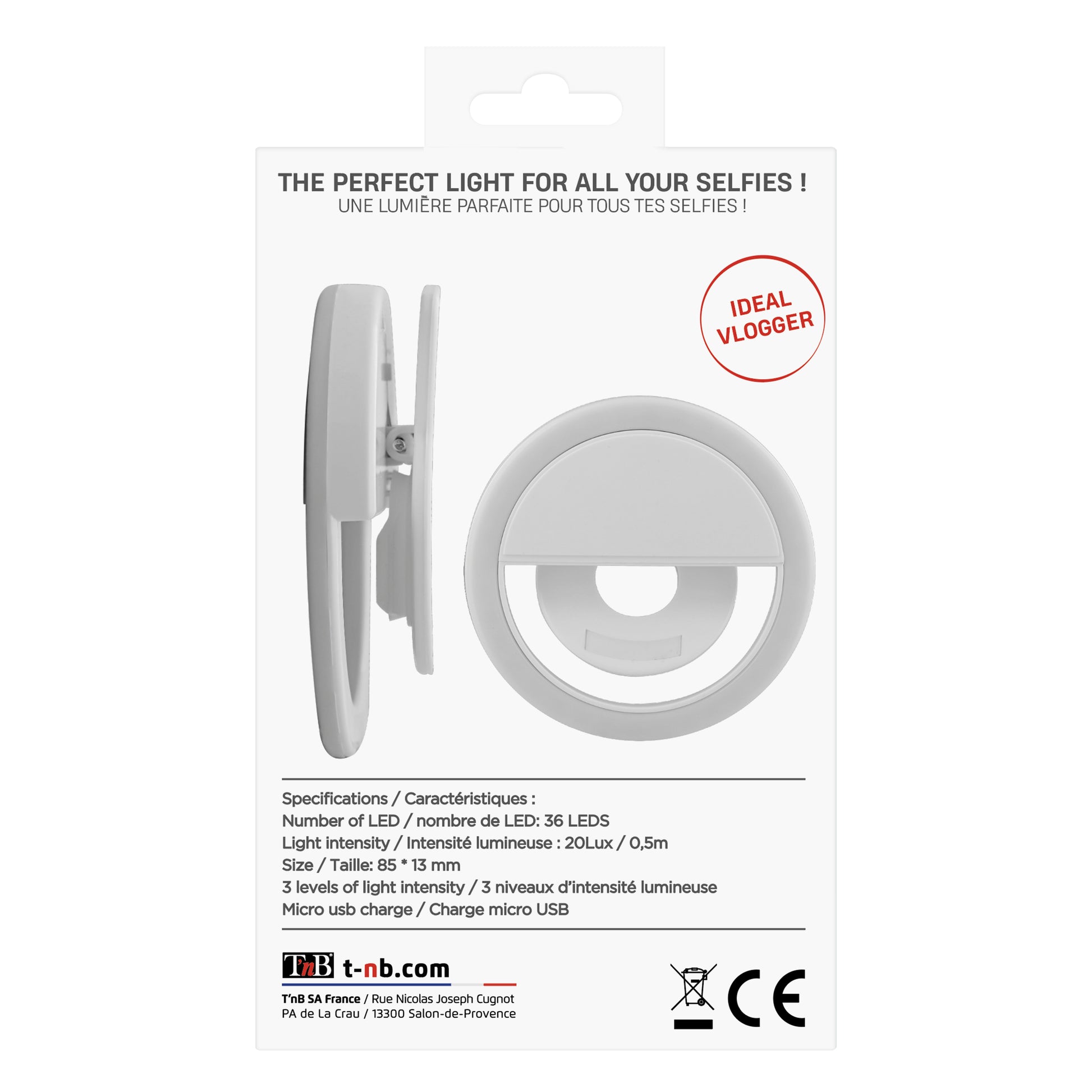 T'nB Influence LED-Ringlicht – 36 LEDs, 6500 K, 200 mAh Akku – für Smartphones, mit Mikro-USB