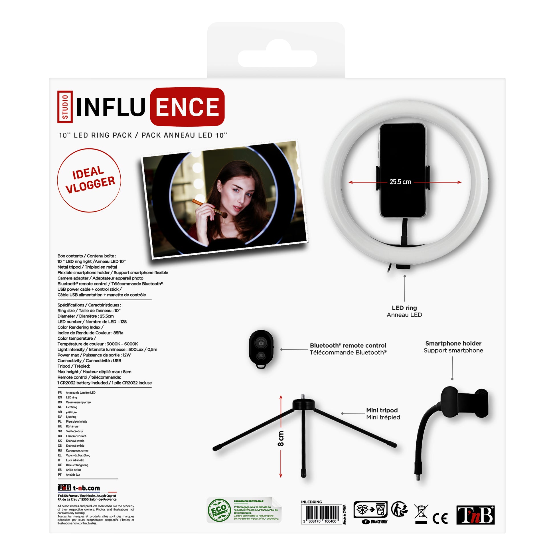 T'nB Influence LED-Ring 10" – 128 LEDs, 6000 K – mit Stativ, USB, Bluetooth-Fernbedienung – für Smartphones