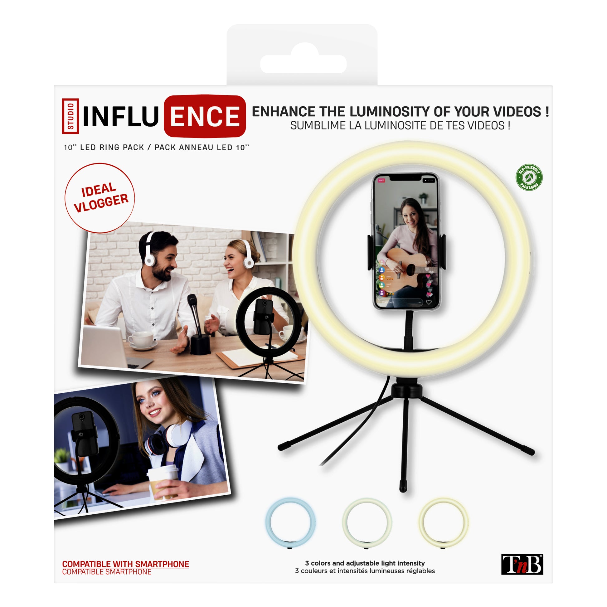 T'nB Influence LED-Ring 10" – 128 LEDs, 6000 K – mit Stativ, USB, Bluetooth-Fernbedienung – für Smartphones