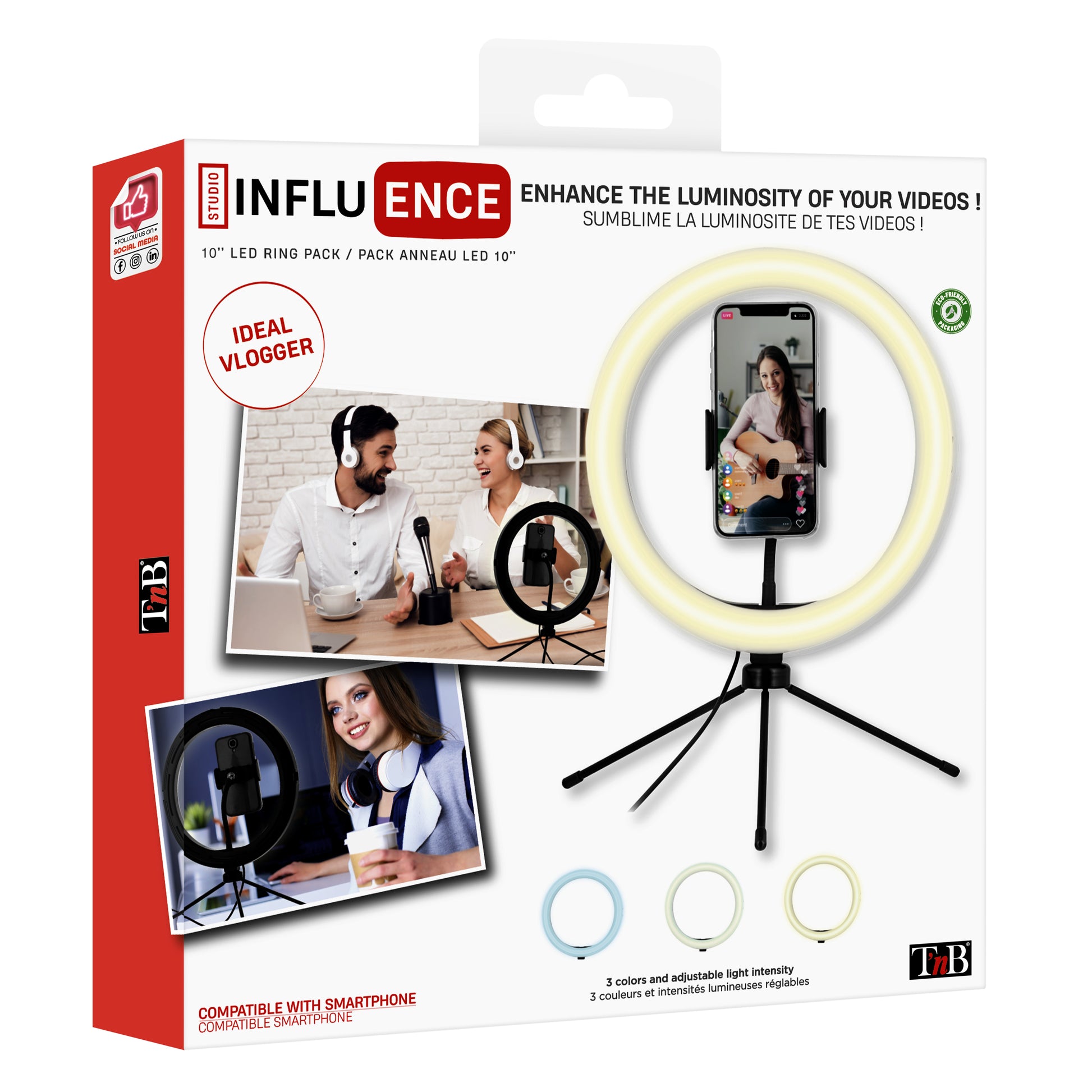 T'nB Influence LED-Ring 10" – 128 LEDs, 6000 K – mit Stativ, USB, Bluetooth-Fernbedienung – für Smartphones