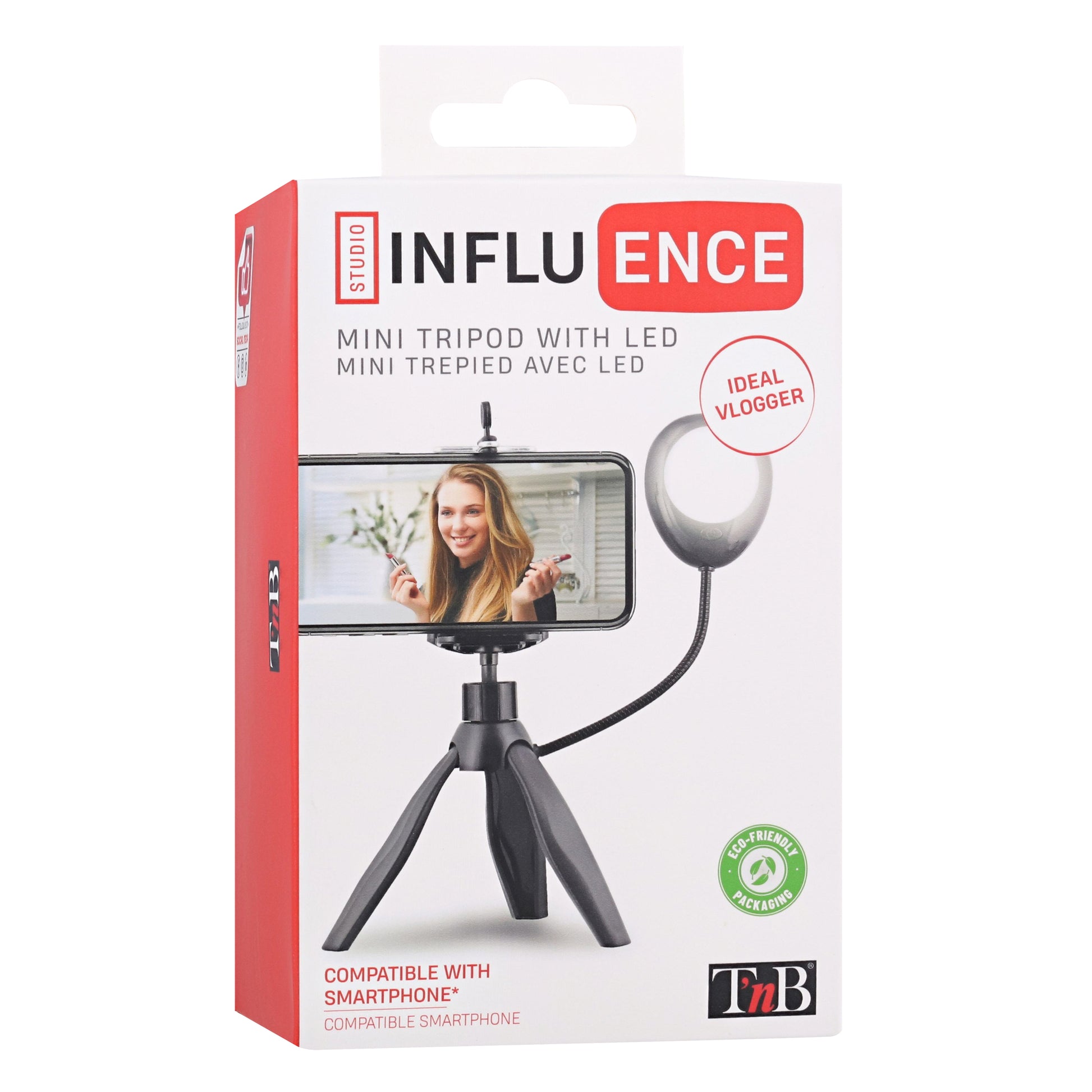 T'nB Mini-Stativ mit LED – 20 cm – 7500 K, 3 Stufen, 360° – für Smartphones bis 6,5" – Schwarz