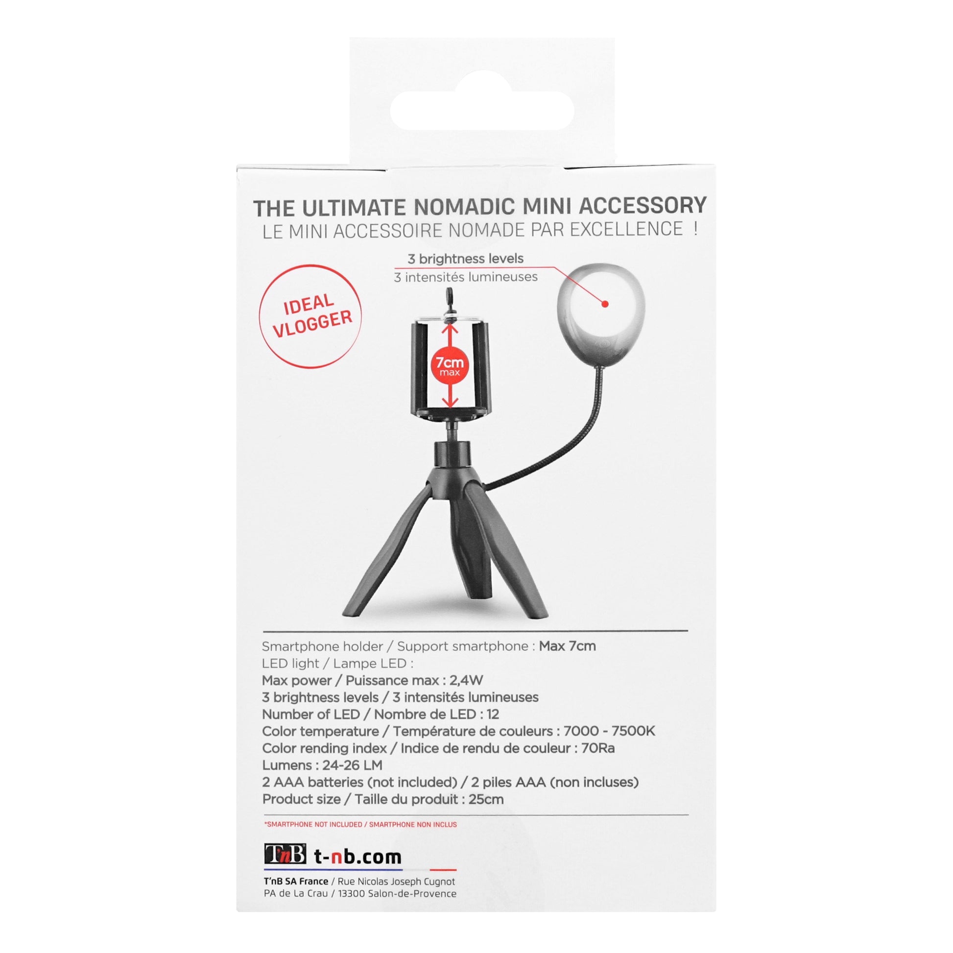 T'nB Mini-Stativ mit LED – 20 cm – 7500 K, 3 Stufen, 360° – für Smartphones bis 6,5" – Schwarz