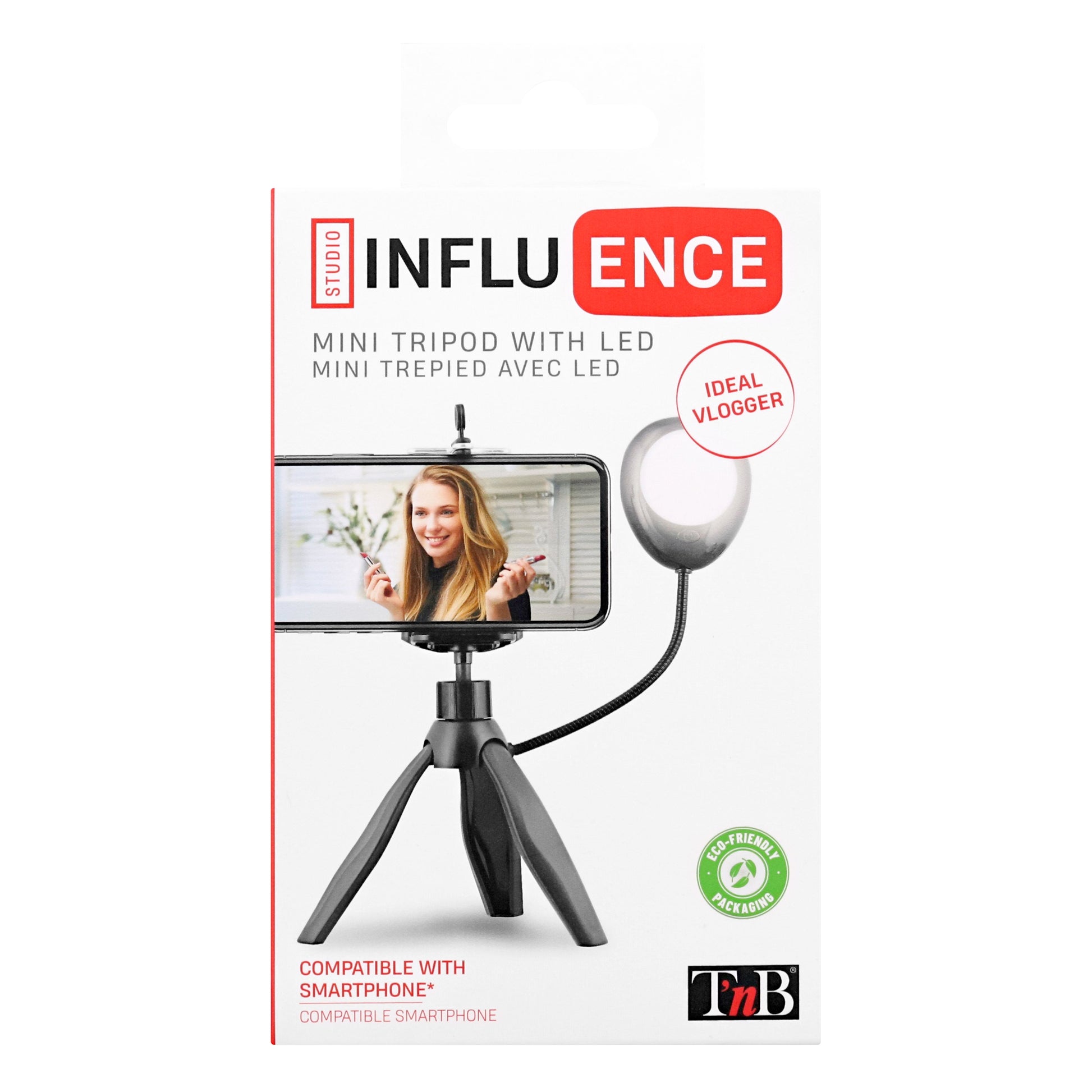 T'nB Mini-Stativ mit LED – 20 cm – 7500 K, 3 Stufen, 360° – für Smartphones bis 6,5" – Schwarz