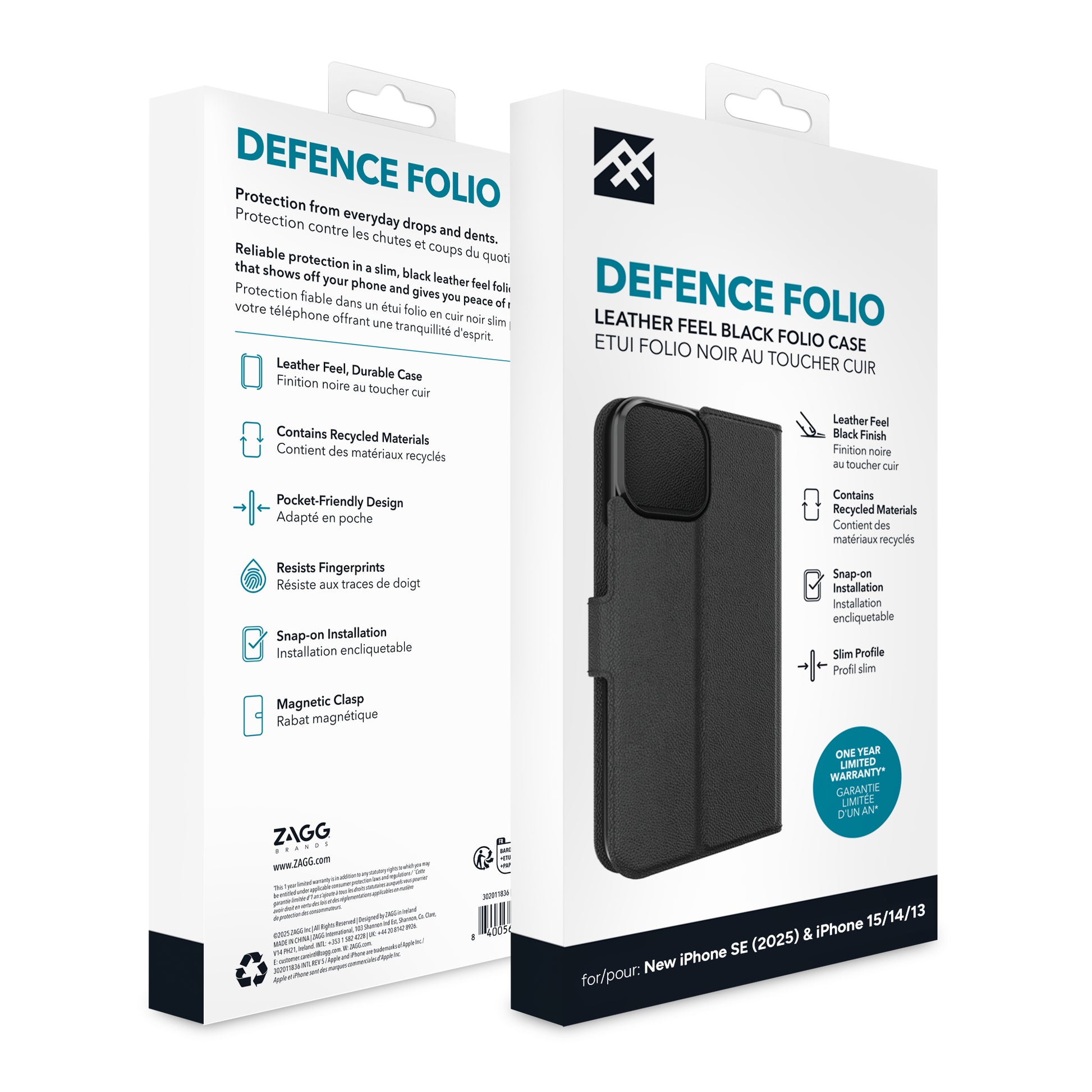 IFROGZ Defence – Folio – für Apple iPhone 13–16 (Auswahl), mit Ständer, PU, Schwarz