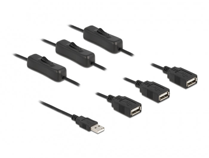 DeLOCK Spezial Stromkabel – USB-A zu 3× USB-A, 1 m, mit Schalter, Schwarz