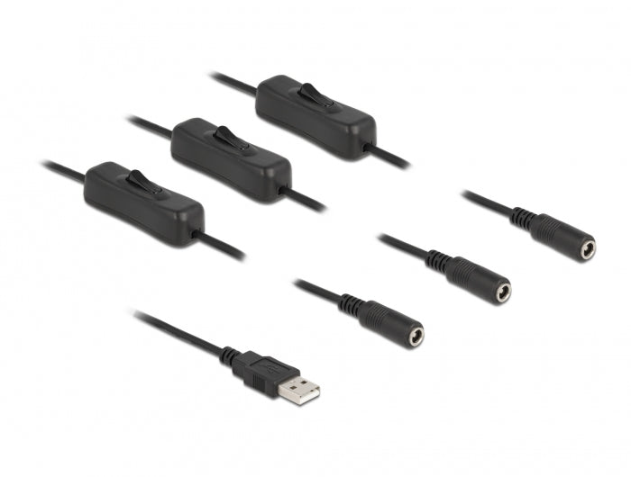 DeLOCK Spezial Stromkabel – USB-A zu 3× DC 5,5×2,1 mm, 1 m, mit Schalter, Schwarz