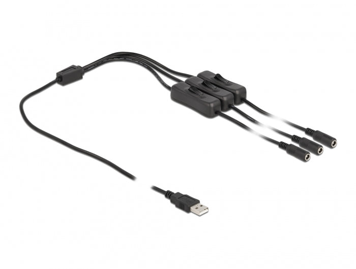 DeLOCK Spezial Stromkabel – USB-A zu 3× DC 5,5×2,1 mm, 1 m, mit Schalter, Schwarz