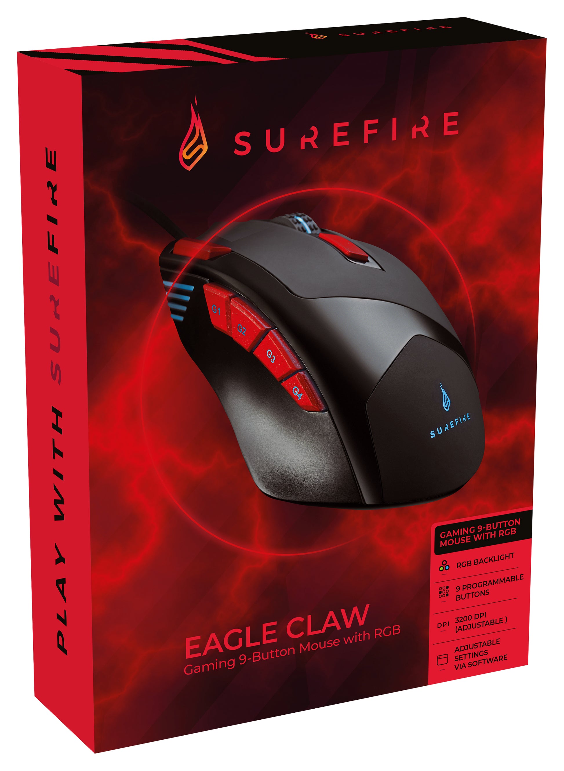 SureFire Eagle Claw Gaming 9 – Gaming-Maus – Kabelgebunden (USB‑A), 3200 DPI, RGB-Beleuchtung, rechts, Schwarz