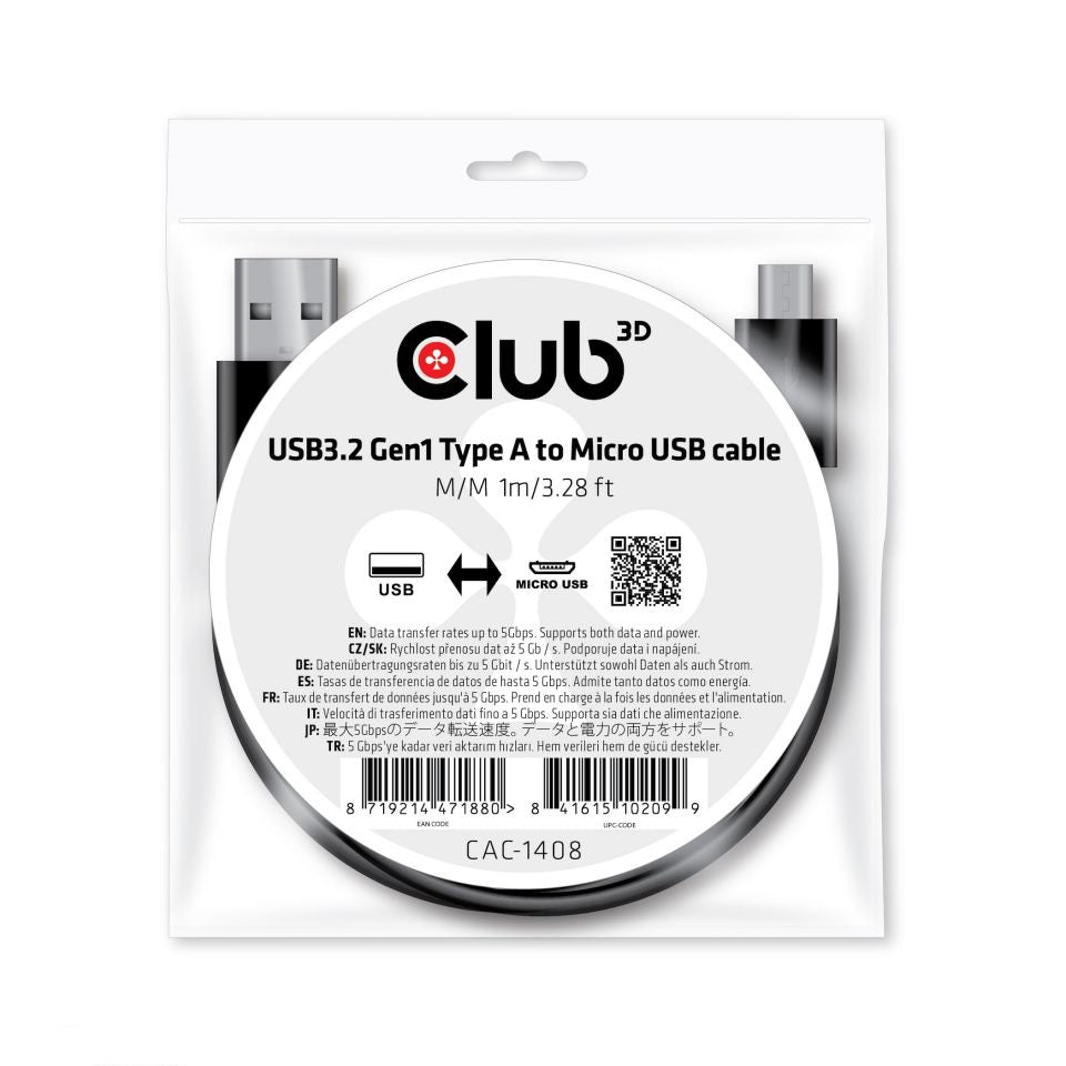 CLUB3D Club 3D – USB-A auf Micro-USB-B Kabel – USB 3.2 Gen 1 (5 Gbit/s) – 1 m – Schwarz