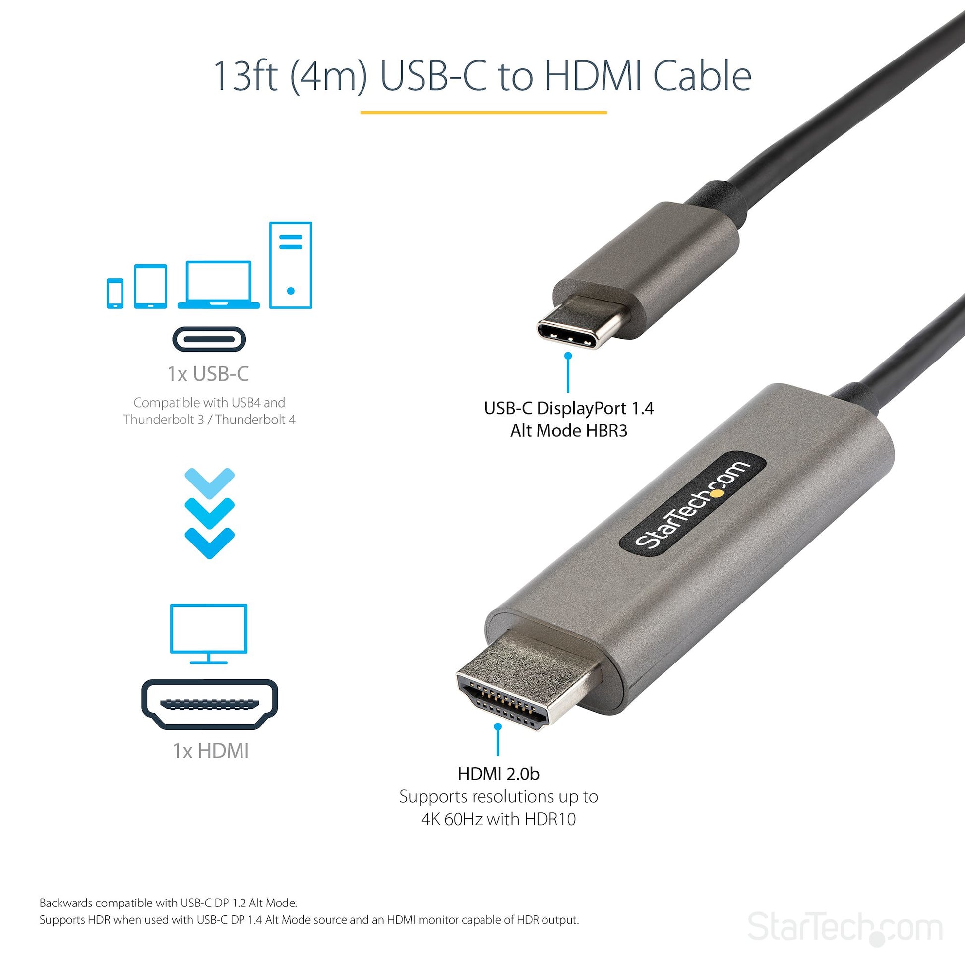 StarTech.com USB-C zu HDMI Kabel – 4K (3840 × 2160) @ 60 Hz, HDMI 2.0b, DP Alt Mode, aktiv, 4 m