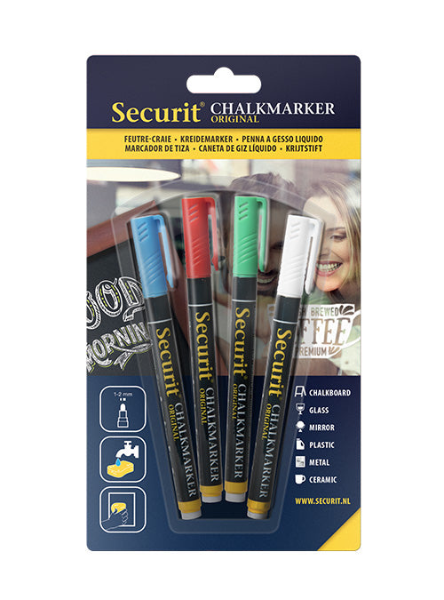 Securit BL-SMA100 Kreidemarker – Rund 1–2 mm – 4er-Set, Blau/Grün/Rot/Weiss, für Glas/Tafel/Metall