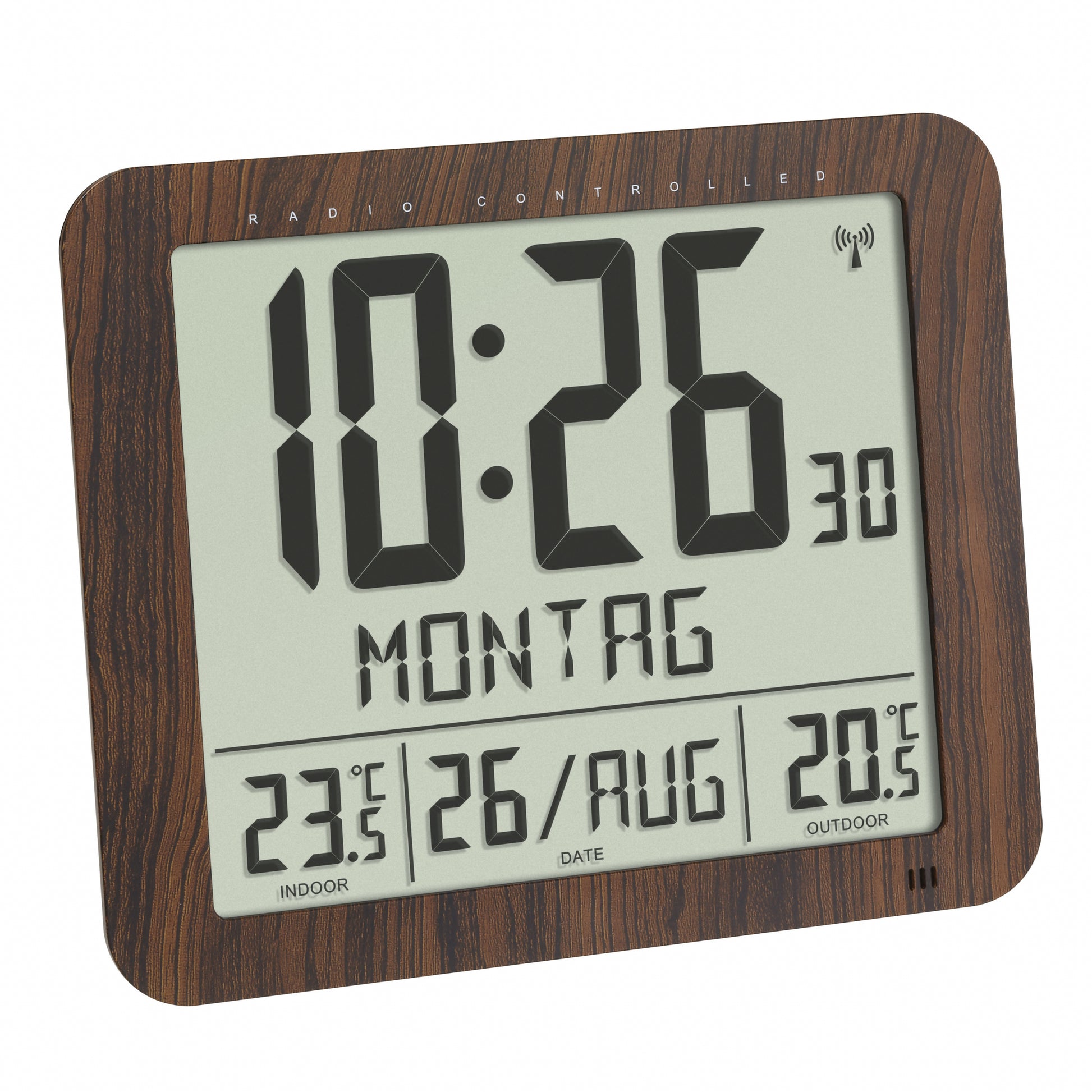 TFA-Dostmann TFA Dostmann Digitalwecker – Funk, Schlummerfunktion, Thermometer, lautlos, 24,8 × 20,6 × 7,3 cm, Braun