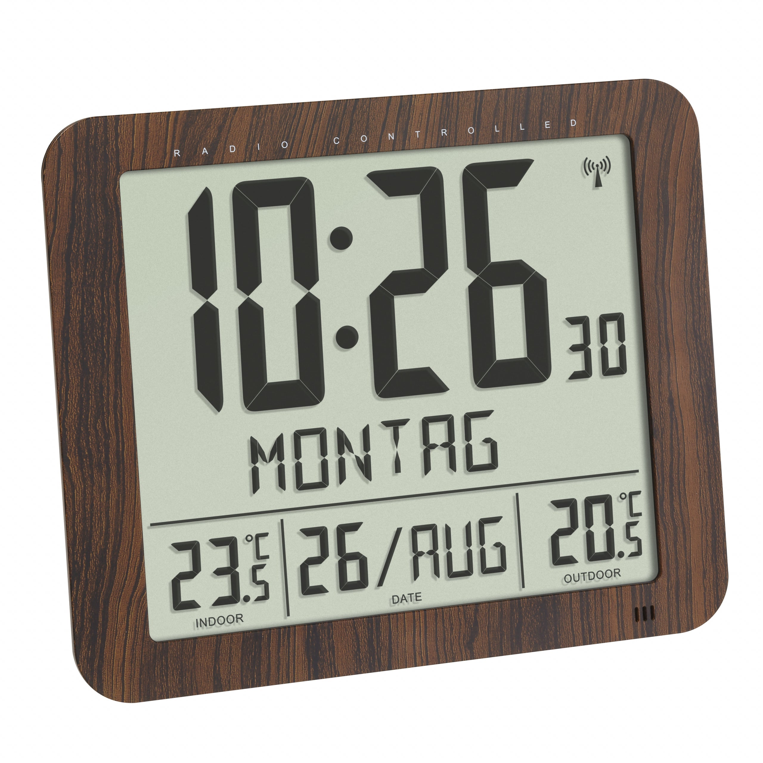 TFA-Dostmann TFA Dostmann Digitalwecker – Funk, Schlummerfunktion, Thermometer, lautlos, 24,8 × 20,6 × 7,3 cm, Braun