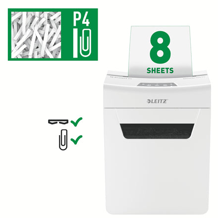 Leitz IQ 8X Protect Premium – Aktenvernichter, DIN P-4, Partikelschnitt 4 × 28 mm, 8 Blatt, 14 l, A4