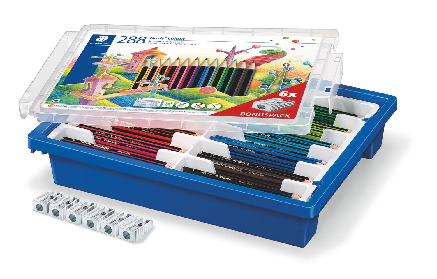 STAEDTLER Buntstifte Noris Colour – Sechskant, Minen-Ø 3,0 mm, 288 Stifte, in Kunststoffbox, mit 6 Spitzern