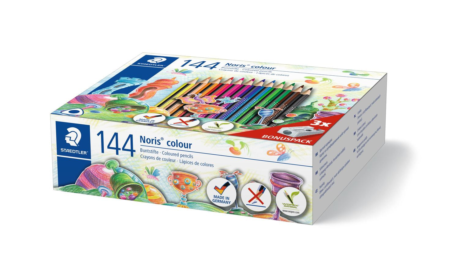 Staedtler Buntstifte Noris colour – dreieckig, Minendurchmesser 3,0 mm, 144 Stifte, im Kartonetui, mit 3 Metallspitzern