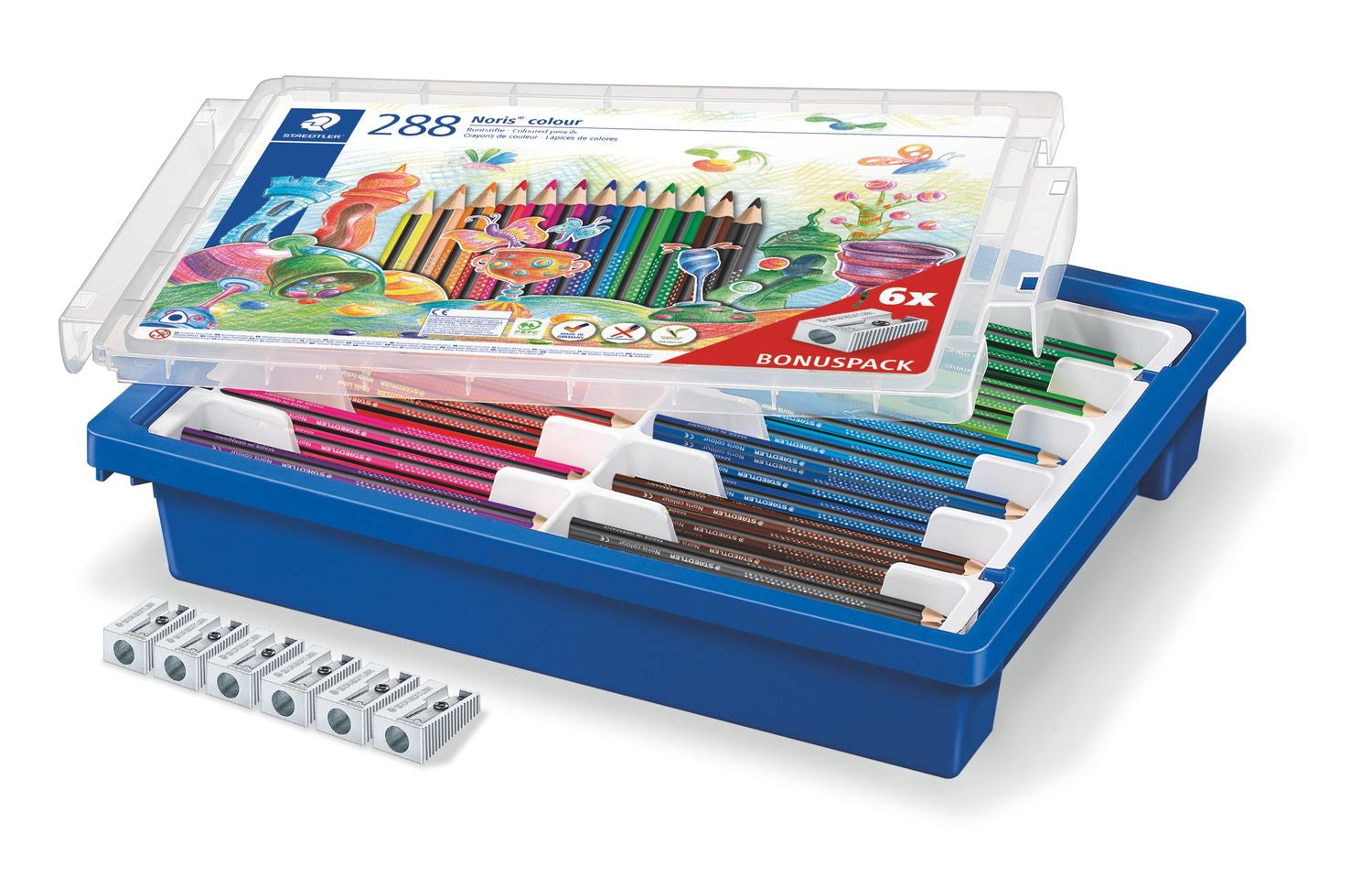 Staedtler Buntstifte Noris colour – im Kunststoffetui, mit 6 Metall-Spitzern, Ø 3,0 mm, dreikantig