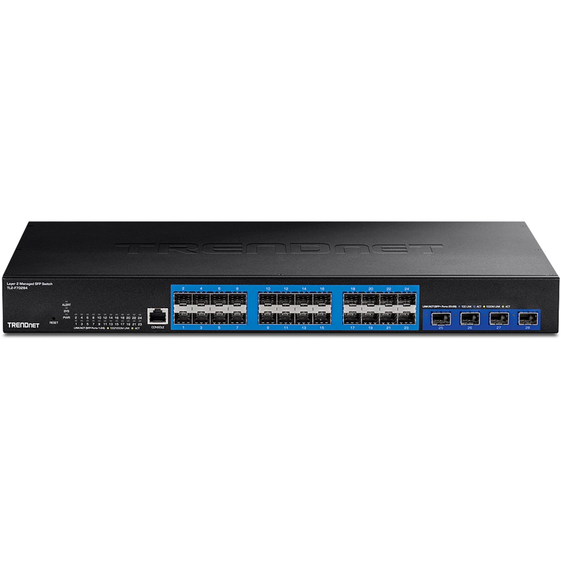 Trendnet TL2-F70284 – Managed L2 Switch – 24× 1G (SFP), 4× 10G (SFP+), 19", 1U
