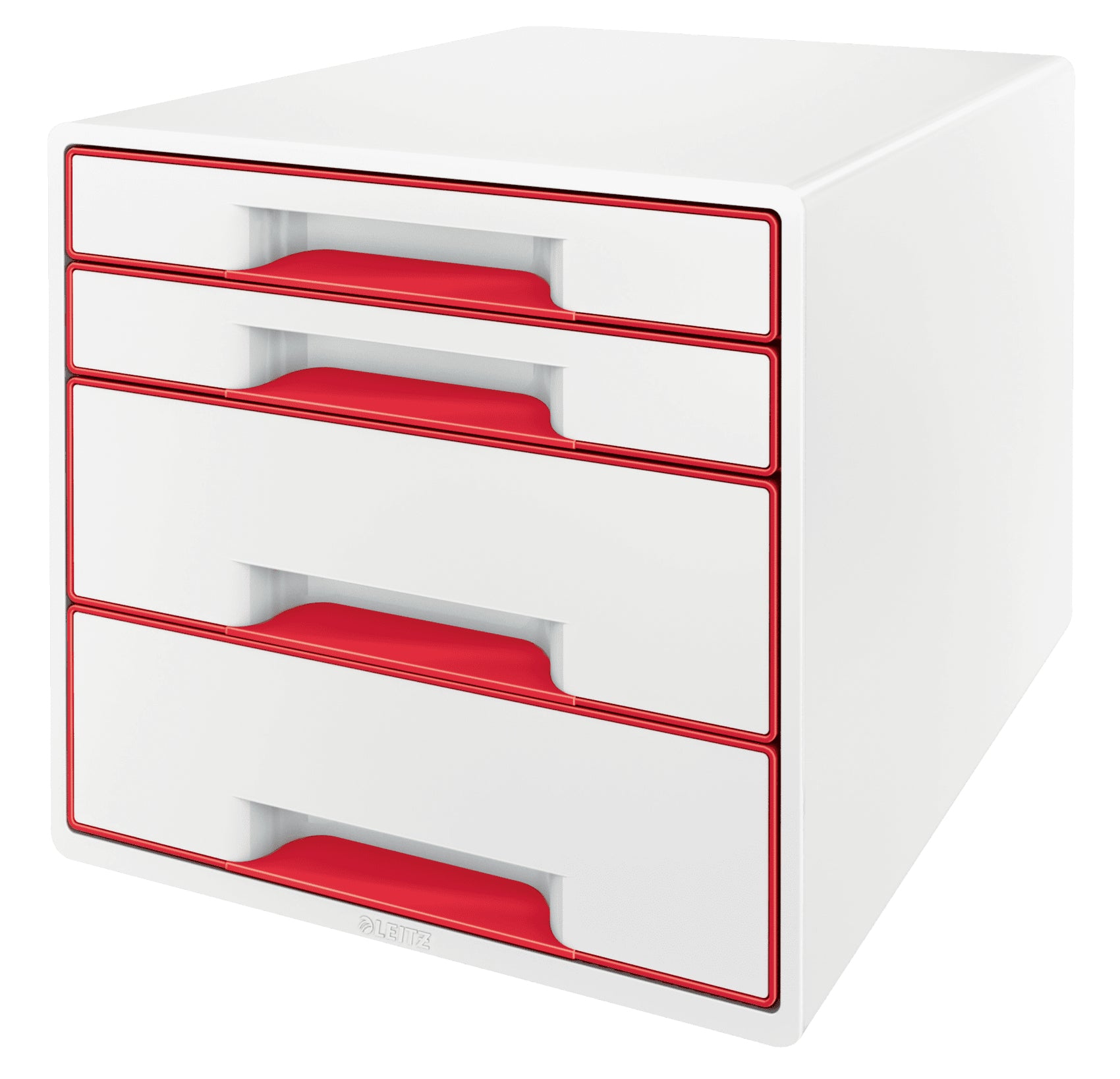 Leitz WOW CUBE Schubladenelement – 4 Schubladen, für A4+, weiss/rot, B 287 × H 363 × T 270 mm