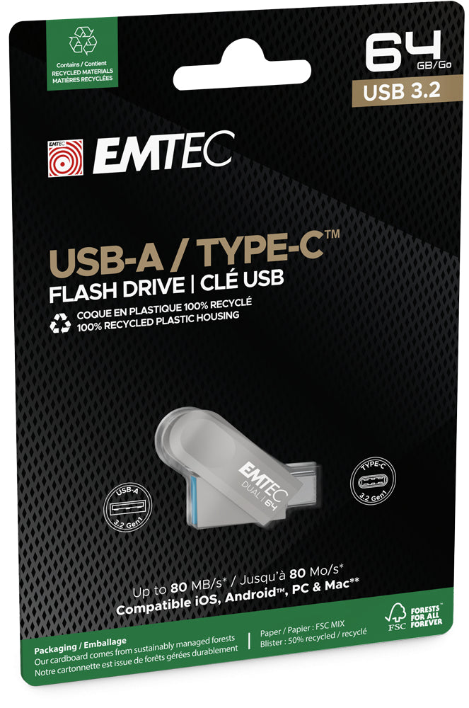 Emtec D280 USB-Stick – 64 GB, USB 3.2, Dual-Stecker USB-A/USB-C