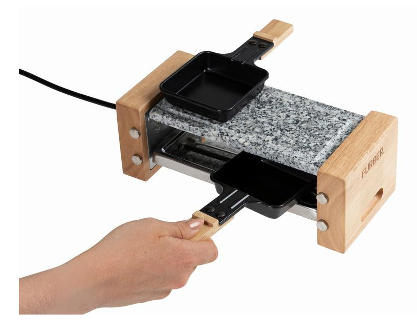 Furber. Furber Raclette-Grill Festa F00793 – 2 Personen, 350 W, Stein-Grillplatte – Schwarz/Marmor/Holz