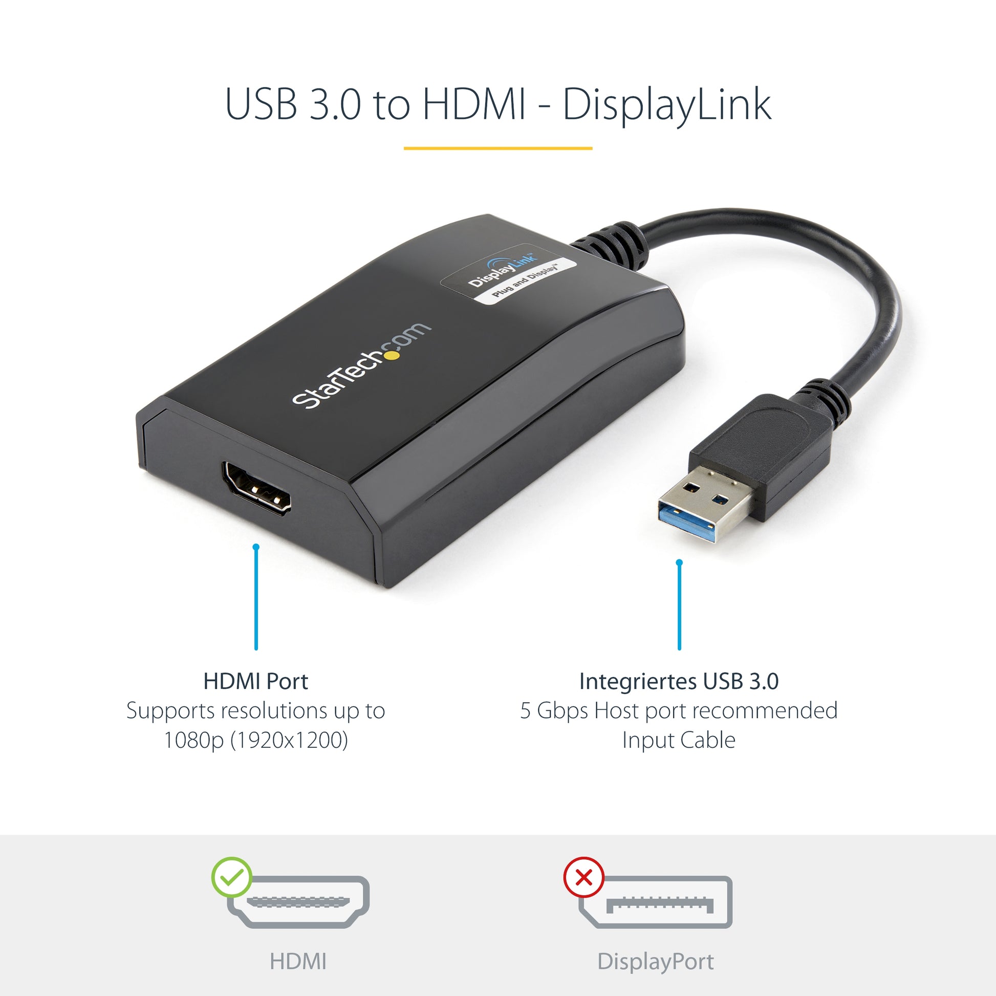 StarTech.com USB-A zu HDMI Adapter – 1920 × 1200, USB 3.2 Gen 1, 0,9 m, für Windows/Mac/Linux