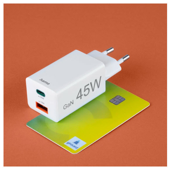 Hama 00201993 USB-Ladegerät 45 W – USB-C×1, USB-A×1 – PD, QC 3.0 – GaN, EU-Stecker (Typ C), Weiss
