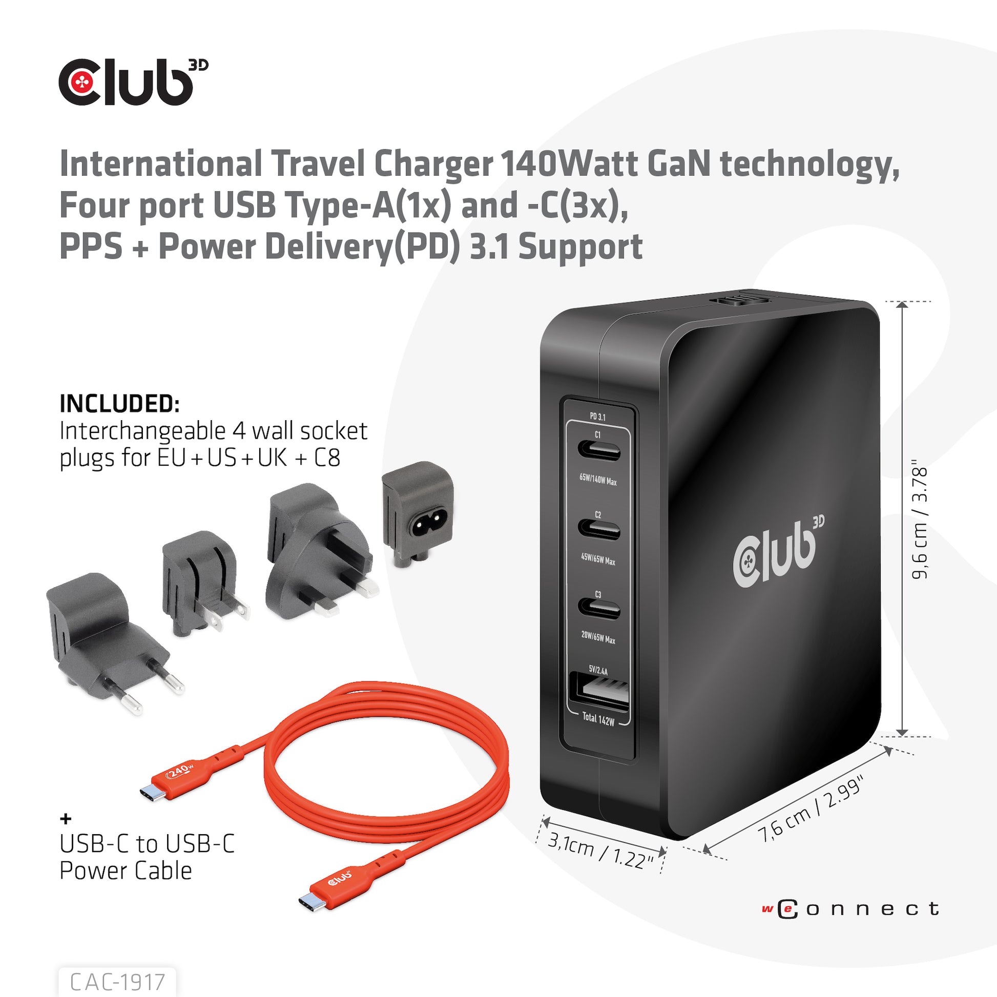 CLUB3D CAC-1917 USB-Desktop-Ladegerät 140 W – USB-C×3, USB-A×1 – PD, GaN