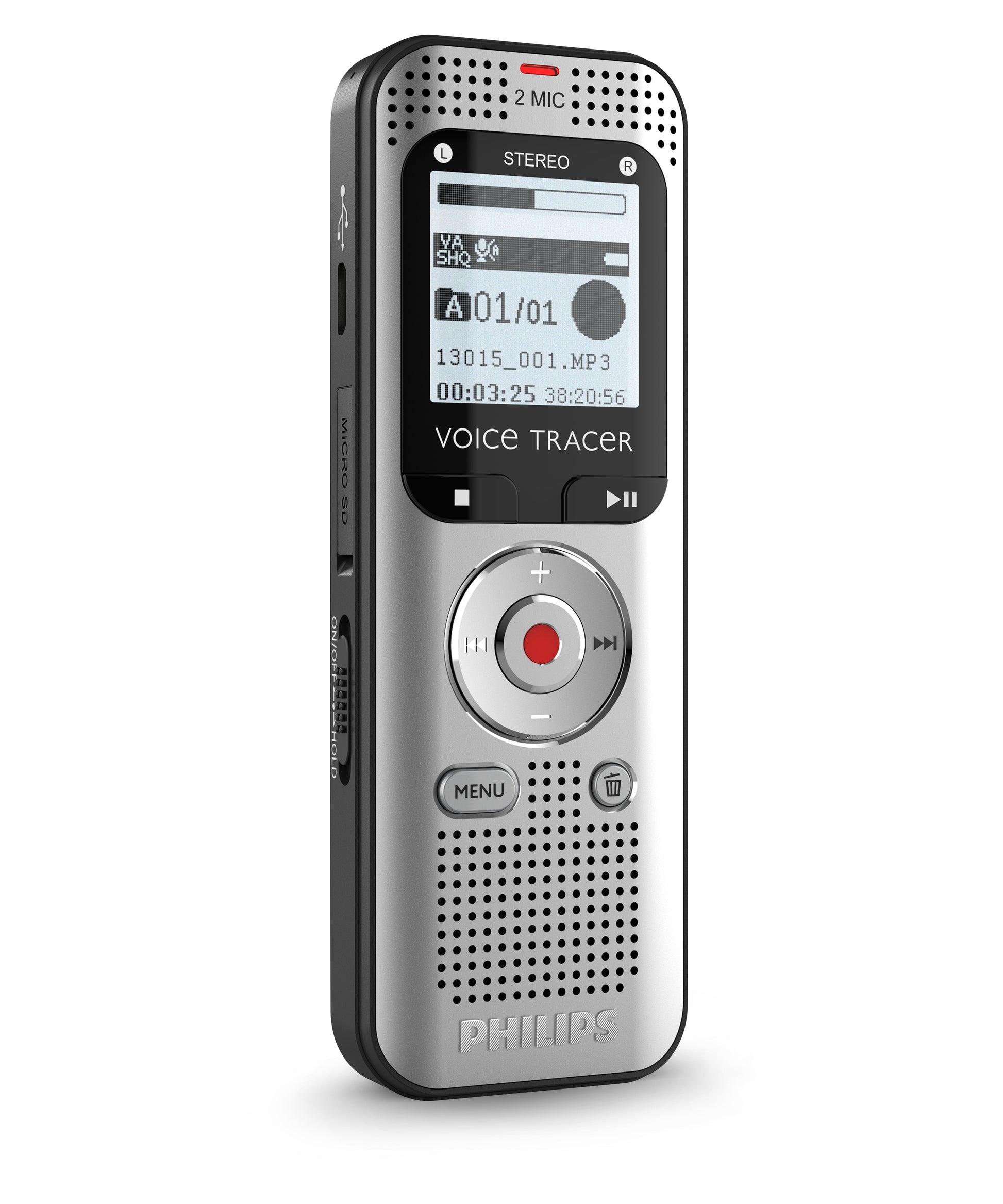 Philips VoiceTracer DVT2015 – Diktiergerät, 8 GB, Stereo, MP3/WAV, bis zu 2370 h, 3,5 mm/USB, microSD