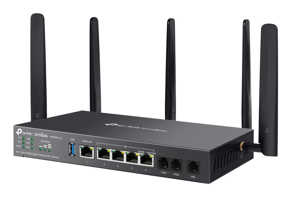 TP-Link Omada DR3650V-4G DSL-Gateway – Wi-Fi 6, Dual-Band (2,4/5 GHz), RJ-11, 4× LAN, 2× USB-A