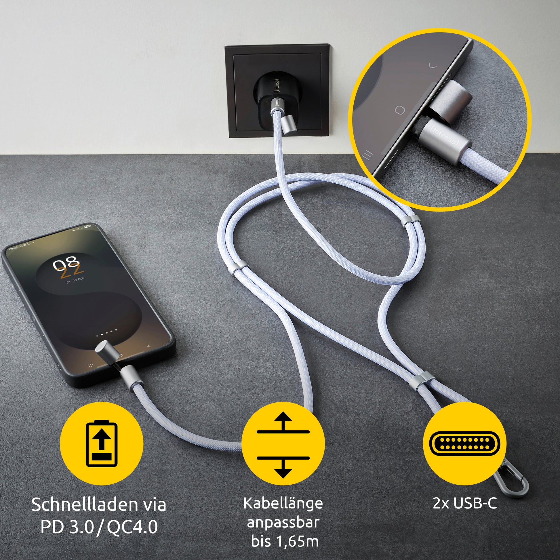 Intenso Kabel – USB-C auf USB-C 1,65 m, PD 60 W, geflochten, Schlüsselanhänger, violett – für USB-C Geräte
