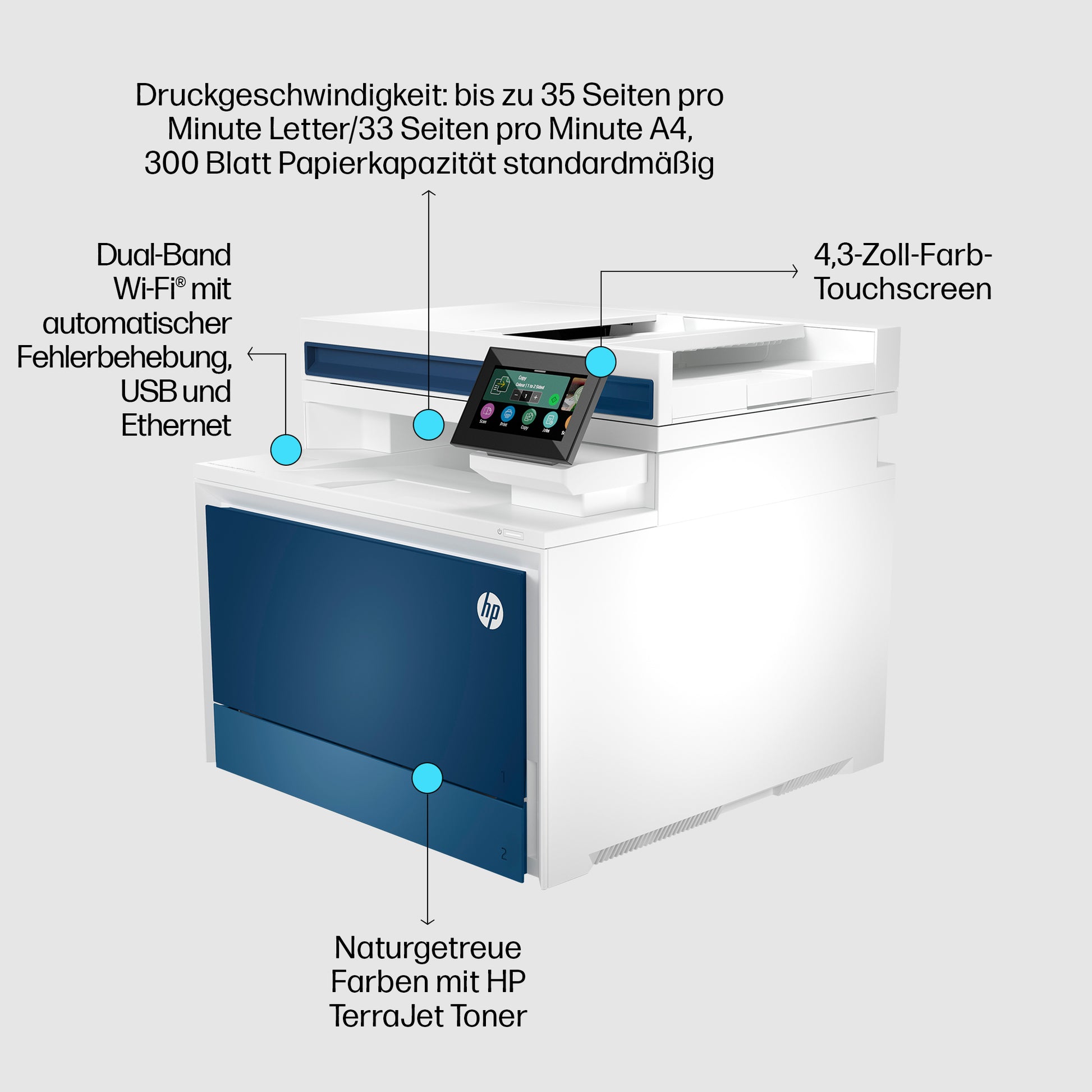 HP Color LaserJet Pro 4302dw – Farbiges Laser-MFP A4, 3-in-1 – USB/LAN/WLAN – Duplex, ADF – 33 Seiten/Min S/W